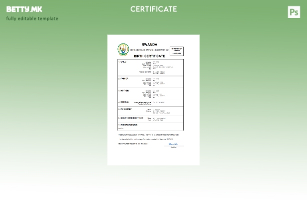 модерен стил извод од матична книга на родени Руанда Шаблон за Word и PDF шаблон